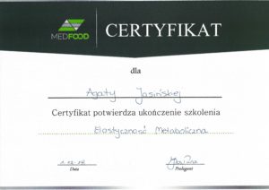 Certyfikat Psychodietetyk Diet Coach Agata Jasińska Szczęście od kuchni