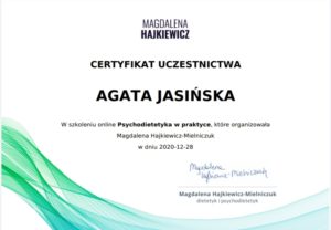 Certyfikat SWPS Psychodietetyk Diet Coach Agata Jasińska Szczęście od kuchni
